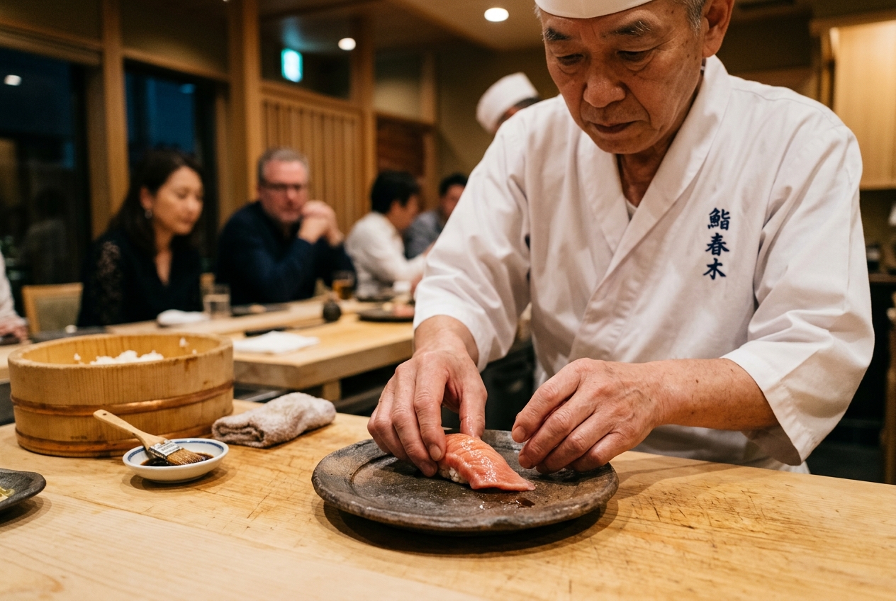 Master sushi chef placing otoro nigiri on Bizen ceramic plate at hinoki counter